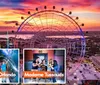 The image showcases a vibrant sunset skyline with a large observation wheel promotional insets for SEA LIFE Orlando Aquarium and Madame Tussauds and people enjoying attractions