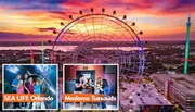 The image showcases a vibrant sunset skyline with a large observation wheel, promotional insets for SEA LIFE Orlando Aquarium and Madame Tussauds, and people enjoying attractions.