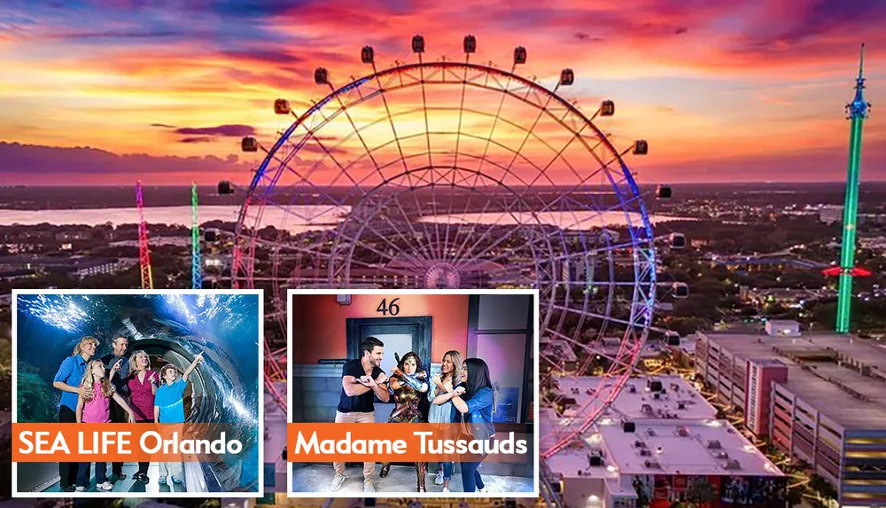 The image showcases a vibrant sunset skyline with a large observation wheel promotional insets for SEA LIFE Orlando Aquarium and Madame Tussauds and people enjoying attractions