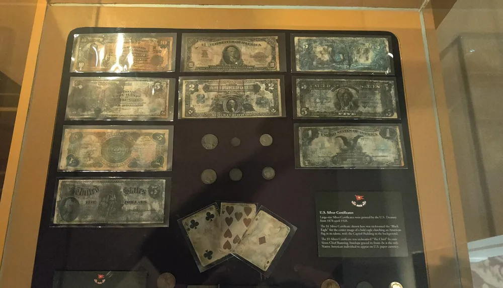 The image displays a collection of old and worn US paper currency coins and playing cards exhibited in a glass case