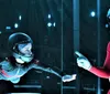 Two people are indoor skydiving in a vertical wind tunnel seemingly enjoying an exhilarating flying experience