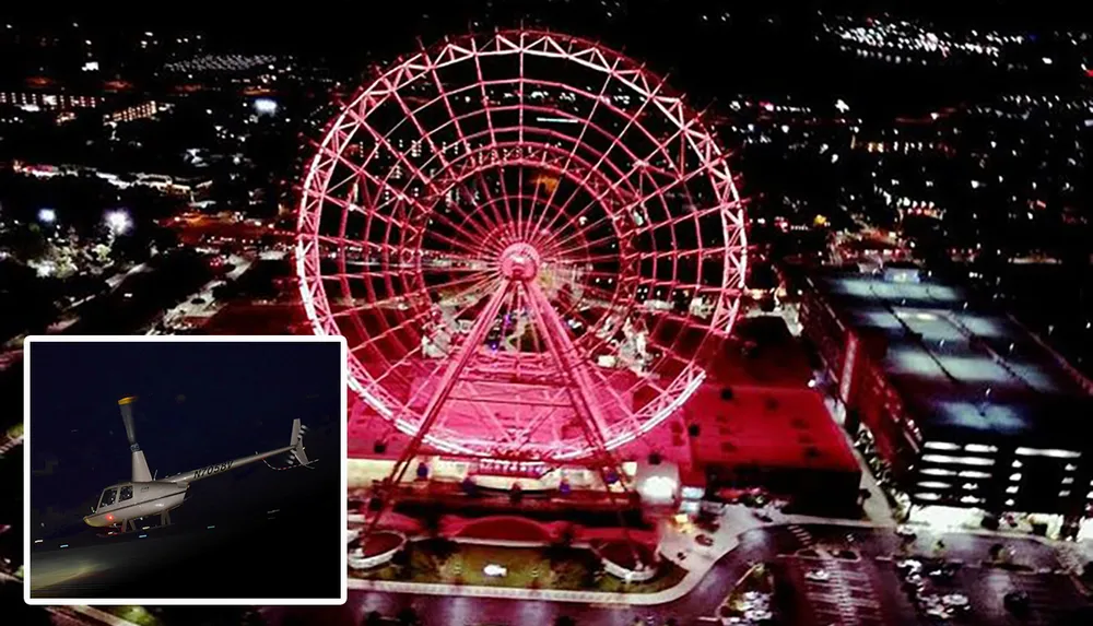 The image shows a vibrant illuminated Ferris wheel at night providing a striking focal point in an urban landscape