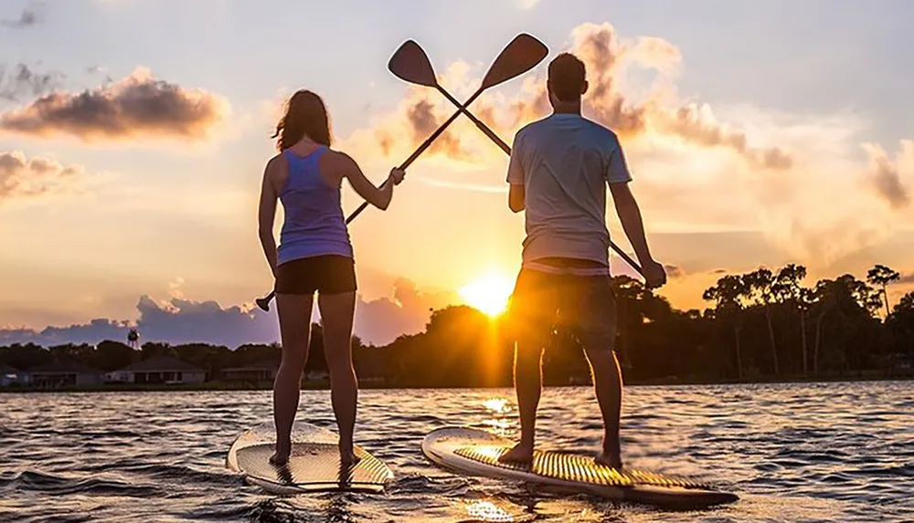 Two people are stand-up paddleboarding on calm water against a beautiful backdrop of a setting sun