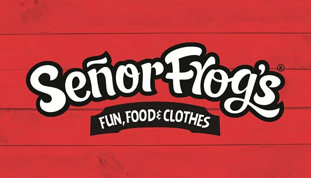 The image shows the logo for Seor Frogs featuring whimsical black and white lettering against a red wooden background along with the tagline FUN FOOD  CLOTHES