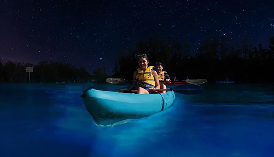 Two people are kayaking at night on a bioluminescent bay under a starry sky.