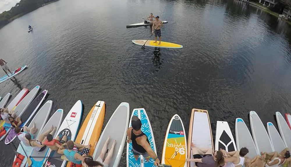 A group of people is participating in a stand-up paddleboarding yoga class on a tranquil body of water