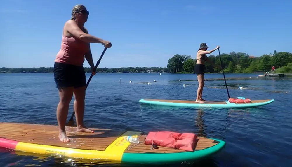 Two people are stand-up paddleboarding on a calm lake on a sunny day