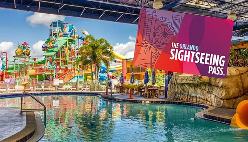 The image displays an advertisement for The Orlando Sightseeing Pass superimposed over a colorful water park scene with pools water slides and a tropical setting