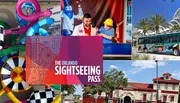 The image is a collage promoting tourism in Orlando, featuring various attractions and an advertisement for the Orlando Sightseeing Pass.