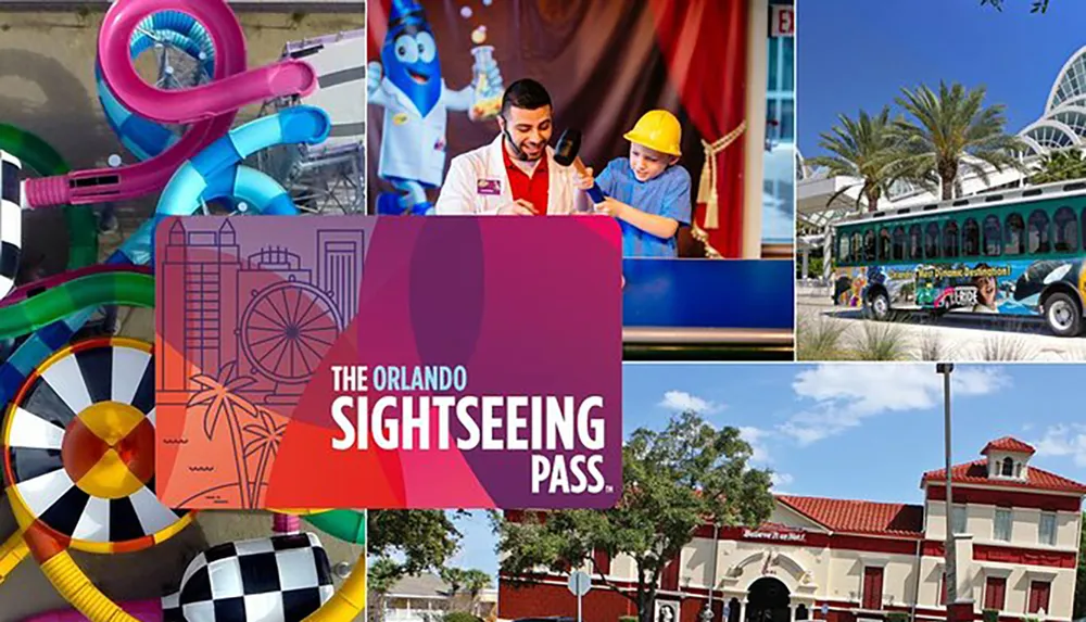 The image is a collage promoting tourism in Orlando featuring various attractions and an advertisement for the Orlando Sightseeing Pass