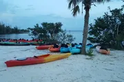 A collection of colorful kayaks is scattered on a sandy beach near calm waters at twilight.
