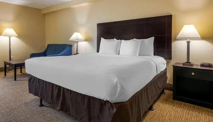 The image shows a neatly made king-sized bed with white linens in a well-lit hotel room flanked by two nightstands with lamps and a blue lounge chair in the corner