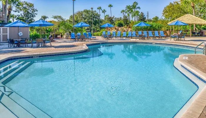 The image shows a sunny outdoor pool area with blue umbrellas loungers and tropical landscaping creating a tranquil leisure setting