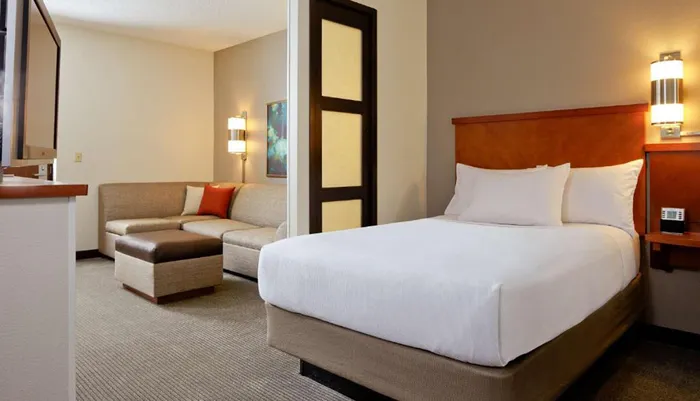 The image shows a neatly arranged modern hotel room with a bed sofa and decorative lighting