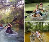 Three individuals are enjoying a canoe trip on a tranquil tree-lined river