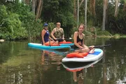 Three people are enjoying paddleboarding on a calm river surrounded by lush greenery.