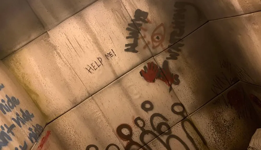 The image shows a distressed interior with graffiti including the words HELP ME along with handprints and chaotic writing suggesting a scene of horror or desperation