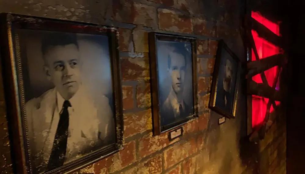 The image shows a dimly lit brick wall with three framed black-and-white portraits and a red neon light in the shape of an X glowing brightly on the right side