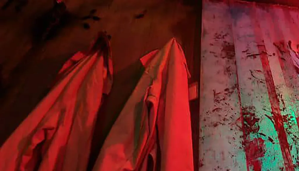 The image shows two cloths hanging in a red-lit environment creating a moody and somewhat eerie atmosphere