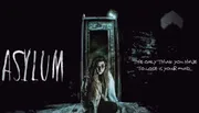 This image depicts a horror-themed scene with a disheveled woman in the foreground, a dark doorway behind her, and the word 