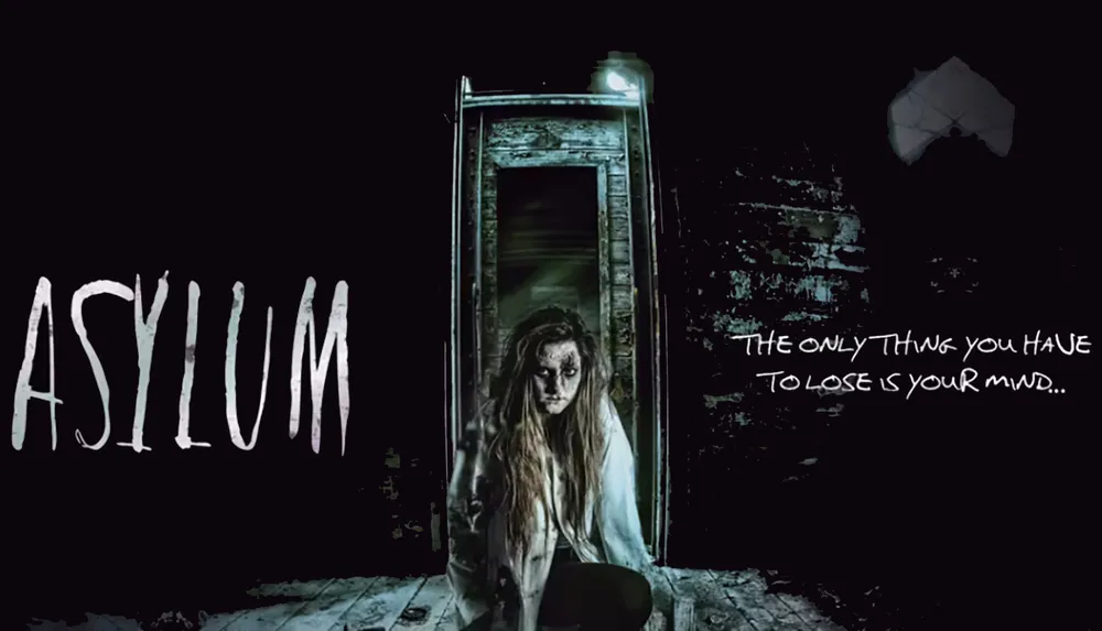 This image depicts a horror-themed scene with a disheveled woman in the foreground a dark doorway behind her and the word ASYLUM above text that reads THE ONLY THING YOU HAVE TO LOSE IS YOUR MIND suggesting a spooky or psychological horror setting