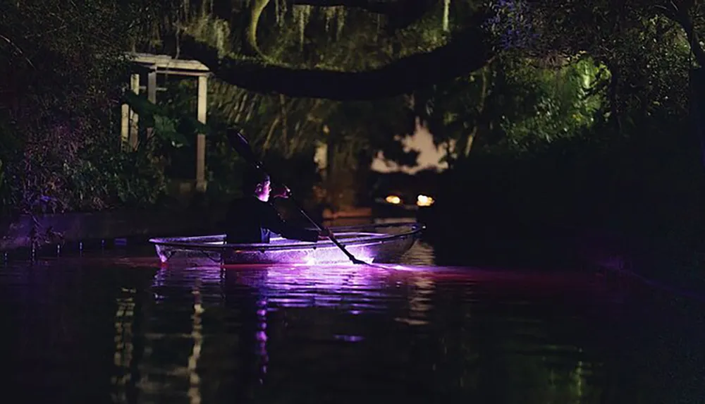 A person is paddling a kayak at night illuminated by a vibrant purple light under the vessel creating a surreal ambiance on the water