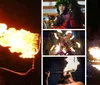 The image shows performers engaging in a fiery dance with insets of a fiery background and a close-up of a dish creating a collage that juxtaposes cultural performance with a culinary item