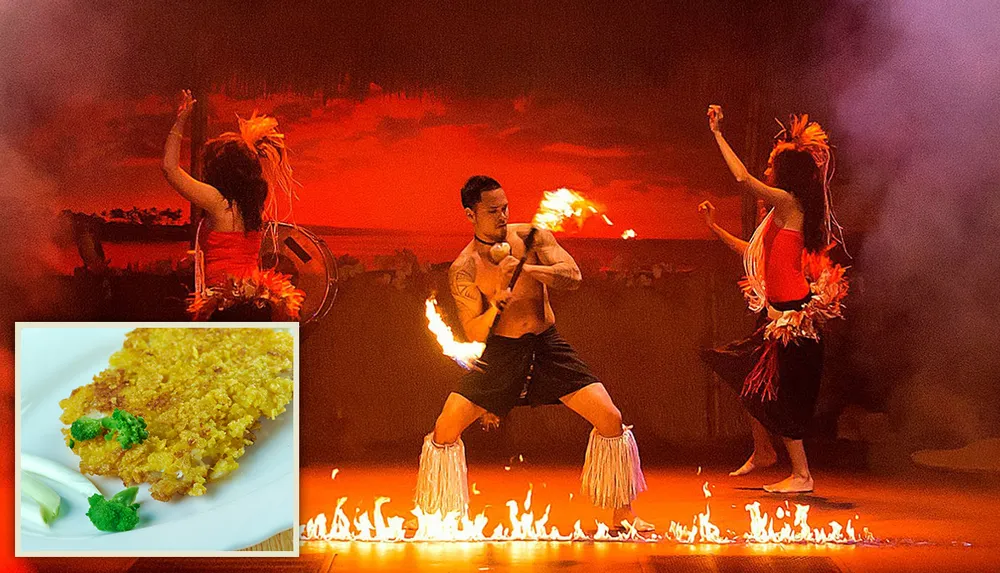The image shows performers engaging in a fiery dance with insets of a fiery background and a close-up of a dish creating a collage that juxtaposes cultural performance with a culinary item