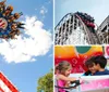 Thrilled riders are descending a steep drop on a wooden roller coaster against a clear sky