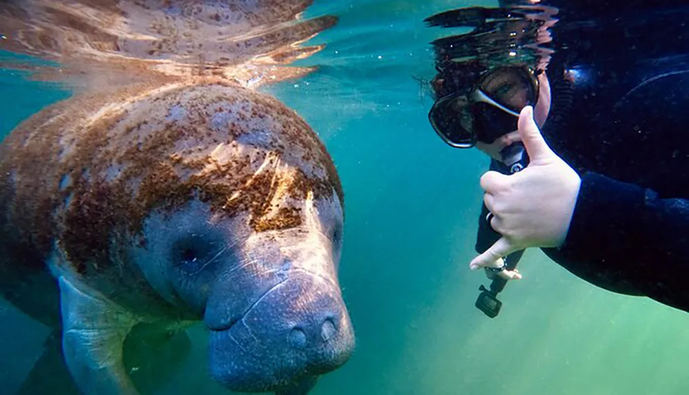 A diver gives a thumbs-up while swimming close to a manatee underwater