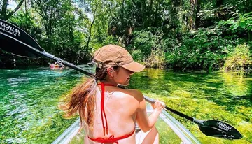 A person is kayaking in clear, verdant waters surrounded by lush greenery on a sunny day.