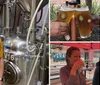 A woman is posing with a glass of beer in front of stainless steel brewing tanks in a brewery