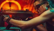 A person with sunglasses is aiming a submachine gun, with a fiery backdrop adding intensity to the scene.