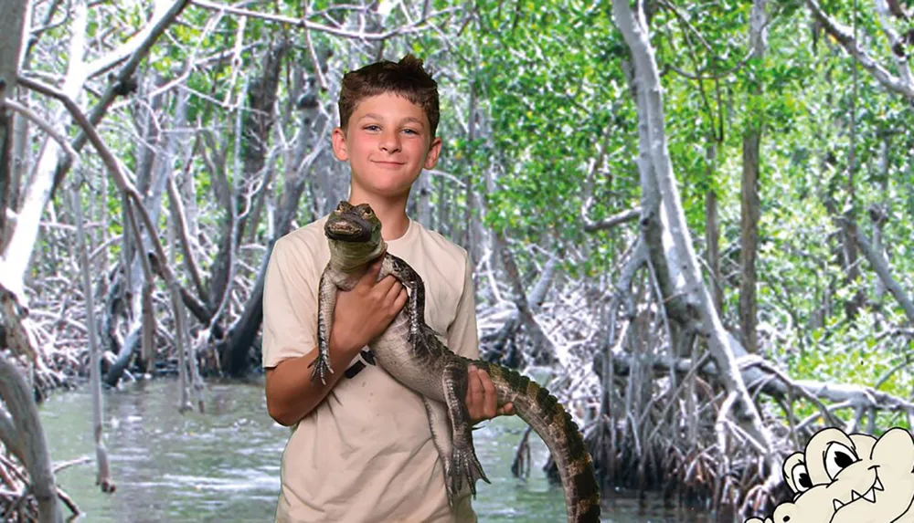 A boy is smiling as he holds a baby alligator in front of a mangrove forest backdrop