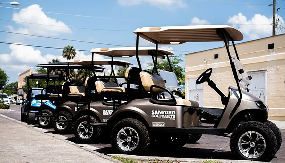 A row of parked golf carts is lined up on a sunny street