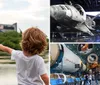 A child with curly hair seen from behind is pointing towards a rocket or space shuttle displayed near a building with Atlantis written on it suggesting the setting may be a space exploration exhibit or museum