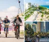 A group of smiling people with one child are enjoying a sunny bike ride together wearing helmets for safety