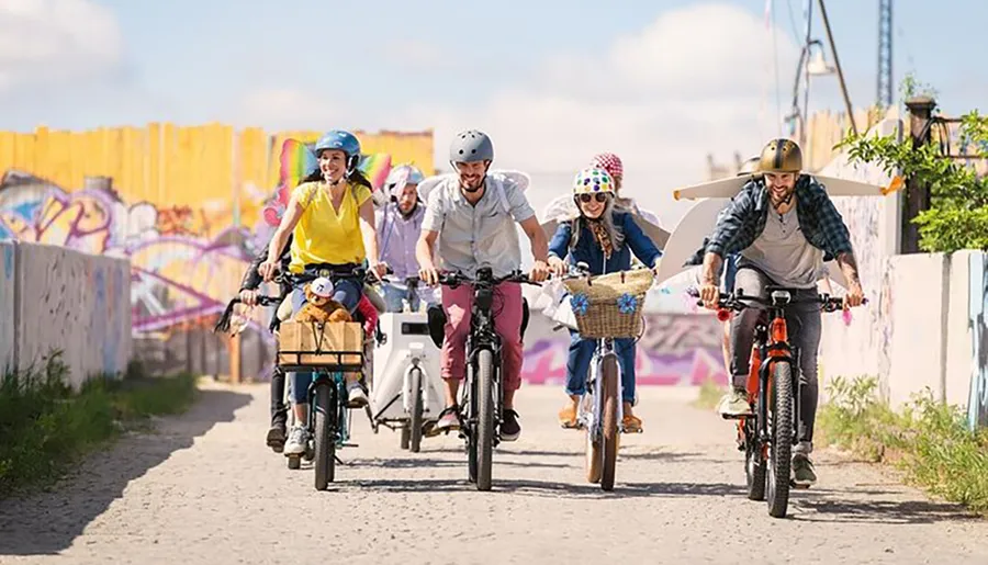 A group of smiling people, with one child, are enjoying a sunny bike ride together wearing helmets for safety.