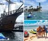 Two individuals are riding jet skis on the water near a docked replica of an old sailing ship