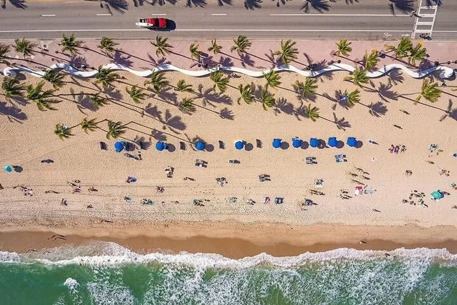 An aerial view of a sandy beach lined with palm trees and umbrellas, adjacent to a coastal road with a vehicle, overlooking the emerald ocean waves.