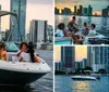 A group of people is enjoying a boat ride on the water with a city skyline in the background during dusk