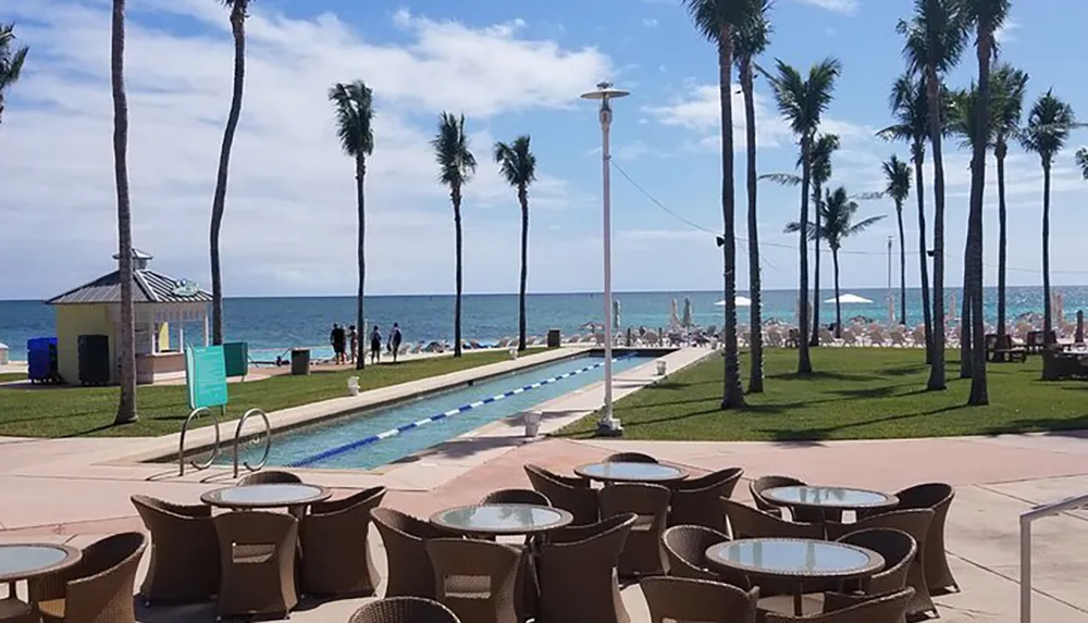 A tropical beachside resort setting with a swimming pool palm trees outdoor seating and people relaxing near the ocean under a clear blue sky