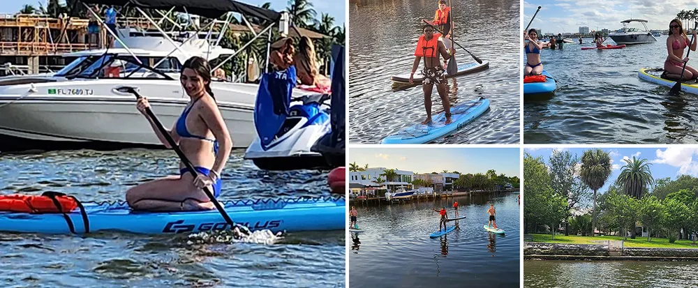 This image is a collage of people enjoying water activities such as paddleboarding and jet skiing in sunny picturesque surroundings