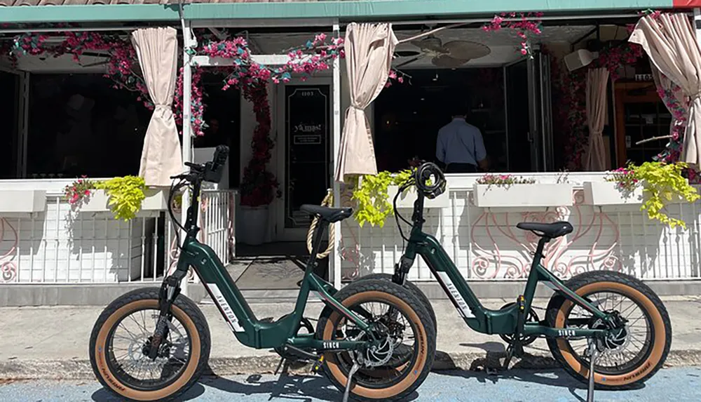 Two green electric bicycles are parked in front of a quaint cafe with pink flowers and draped curtains