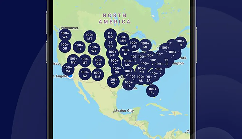 The image shows a map of North America with markers indicating over 100 potential locations in various states and provinces possibly representing data points such as service locations incidents or points of interest