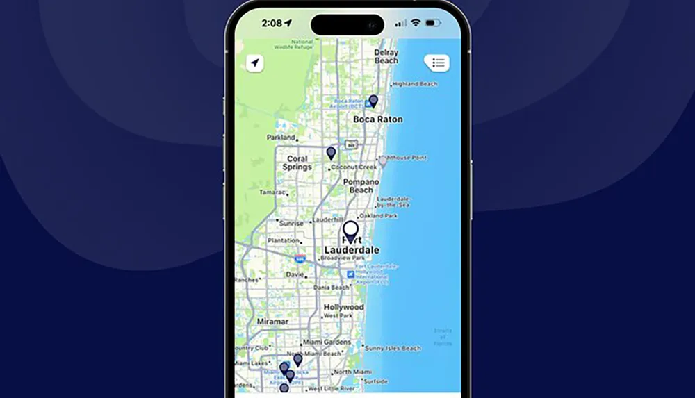 The image displays a smartphone showing a map application with various locations marked along the eastern coast of South Florida including Fort Lauderdale