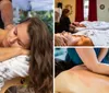 A person is lying face down on a massage table appearing relaxed while receiving a back massage from a masseur