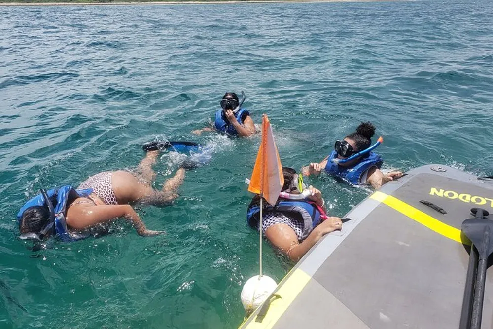 A group of people are snorkeling in clear blue water near a boat
