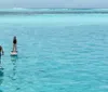 A man and a woman paddleboarding on a calm clear ocean