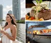 The image showcases a white yacht cruising on turquoise waters with a colorful autumnal forest in the background inset with a close-up of a gourmet steak dish suggesting a luxury dining experience onboard